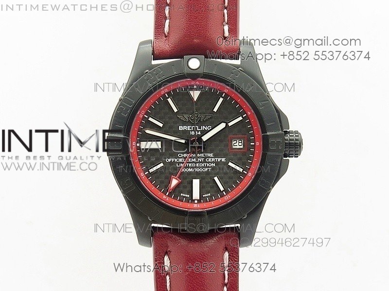 Avenger GMT DLC Black Stick Marker Textured Dial Red Inner Bezel on Leather strap A2836