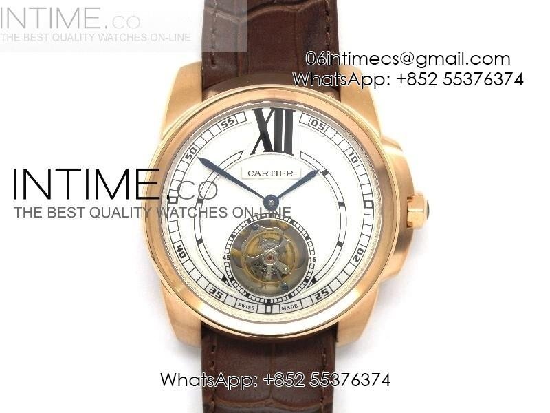 Calibre de RG Tourbillon White Dial on Brown Leather Strap