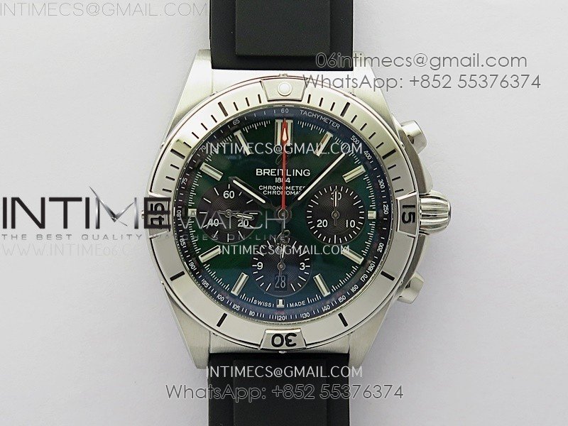 Chronomat B01 42mm SS TF 1:1 Best Edition Green Dial on Black Rubber Strap A7750