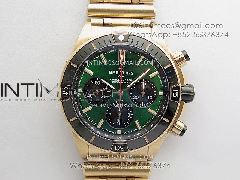 Chronomat B01 44mm RG TF 1:1 Best Edition Green Dial On RG Bracelet A7750 To Cal.01 (Free Rubber Strap)