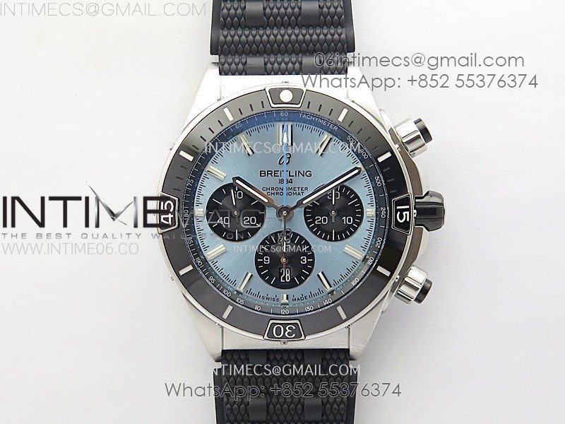 Chronomat B01 44mm SS BLSF 1:1 Best Edition Ice Blue Dial on Black Rubber Strap A7750 to Cal.01