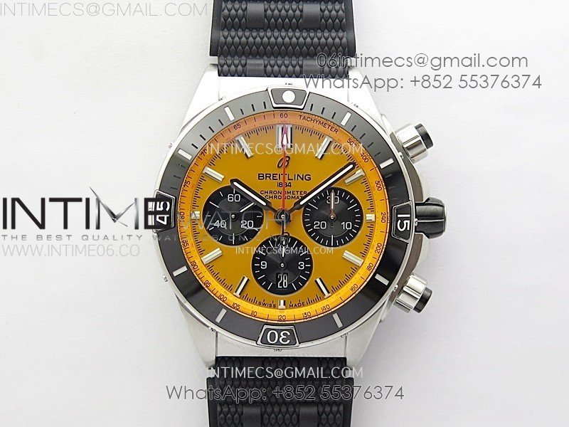 Chronomat B01 44mm SS BLSF 1:1 Best Edition Yellow Dial on Black Rubber Strap A7750 to Cal.01