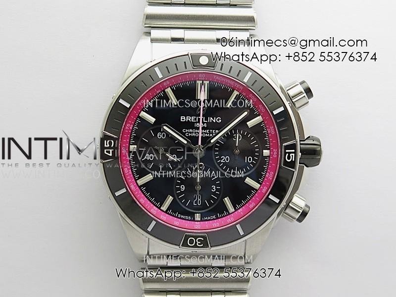 Chronomat B01 44mm SS TF 1:1 Best Edition Black Dial Pink Inner On SS Bracelet A7750 To Cal.01 (Free Rubber Strap)