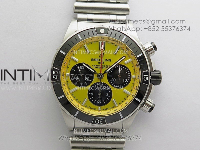 Chronomat B01 44mm SS TF 1:1 Best Edition Yellow Dial On SS Bracelet A7750 To Cal.01 (Free Rubber Strap)