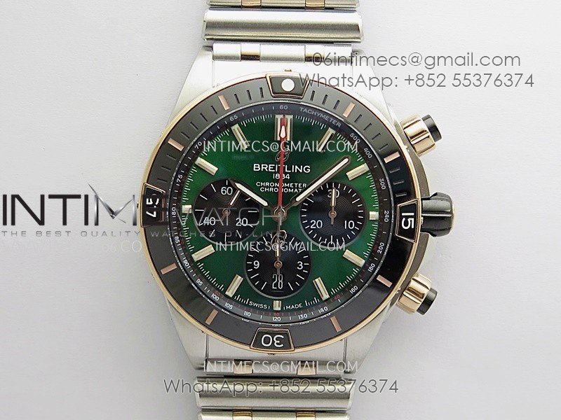 Chronomat B01 44mm SS/RG TF 1:1 Best Edition Green Dial On SS/RG Bracelet A7750 To Cal.01 (Free Rubber Strap)