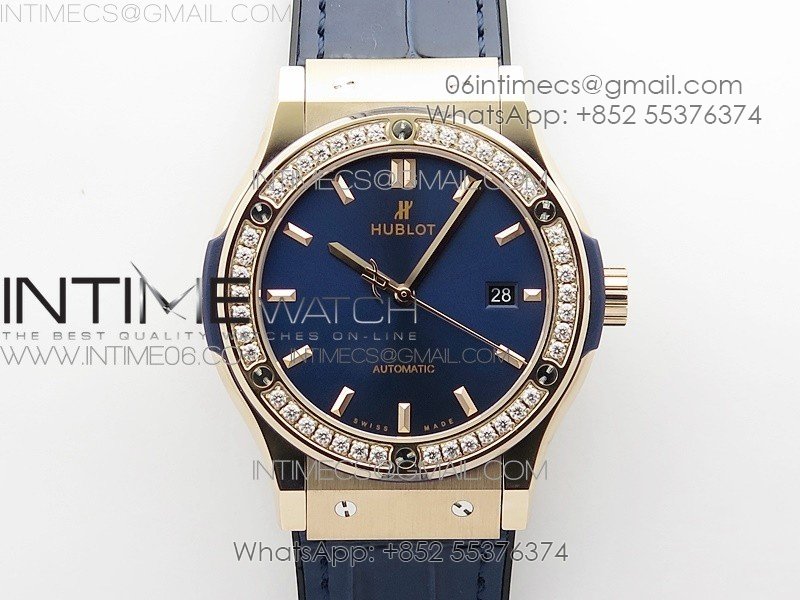 Classic Fusion 42mm RG Paved Diamonds Bezel B50F Blue Dial On Blue Gummy Strap A2892