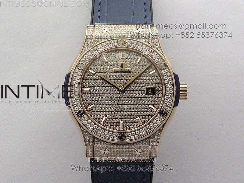 Classic Fusion 42mm RG Paved Diamonds Case And Bezel B50F Paved Diamonds Dial On Blue Gummy Strap A2892
