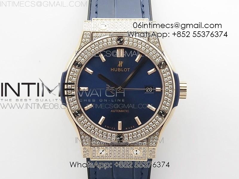 Classic Fusion 42mm RG Paved Diamonds Case/Bezel B50F Blue Dial On Blue Gummy Strap A2892