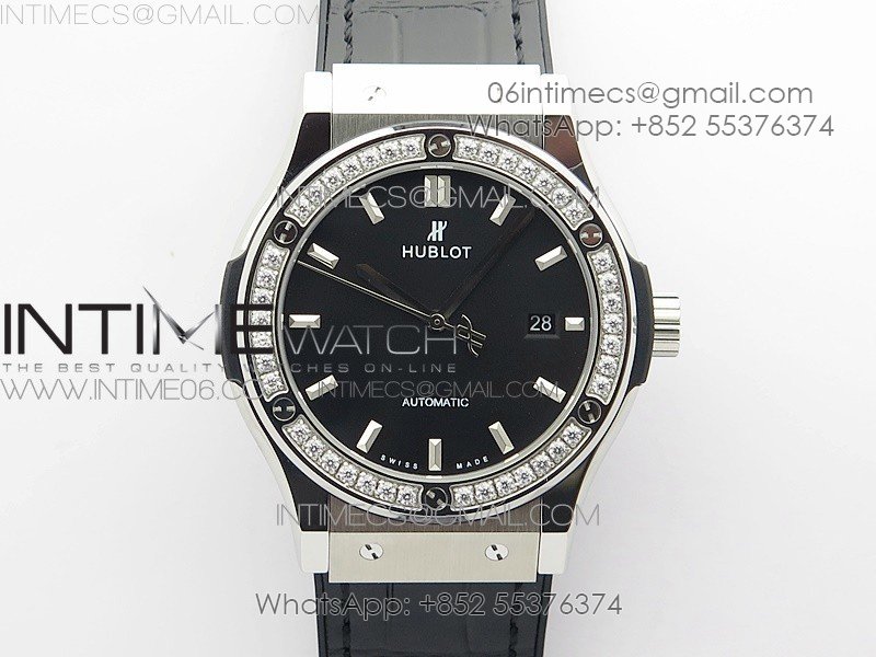 Classic Fusion 42mm SS Paved Diamonds Bezel B50F Black Dial On Black Gummy Strap A2892