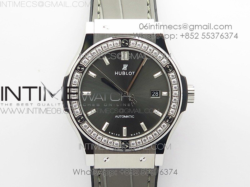 Classic Fusion 42mm SS Paved Diamonds Bezel B50F Gray Dial On Gray Gummy Strap A2892