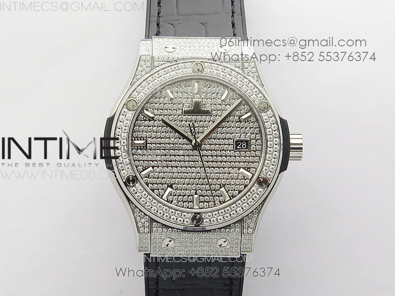 Classic Fusion 42mm SS Paved Diamonds Case And Bezel B50F Paved Diamonds Dial On Black Gummy Strap A2892
