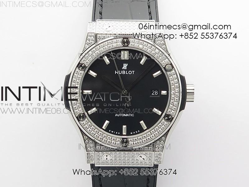 Classic Fusion 42mm SS Paved Diamonds Case/Bezel B50F Black Dial On Black Gummy Strap A2892