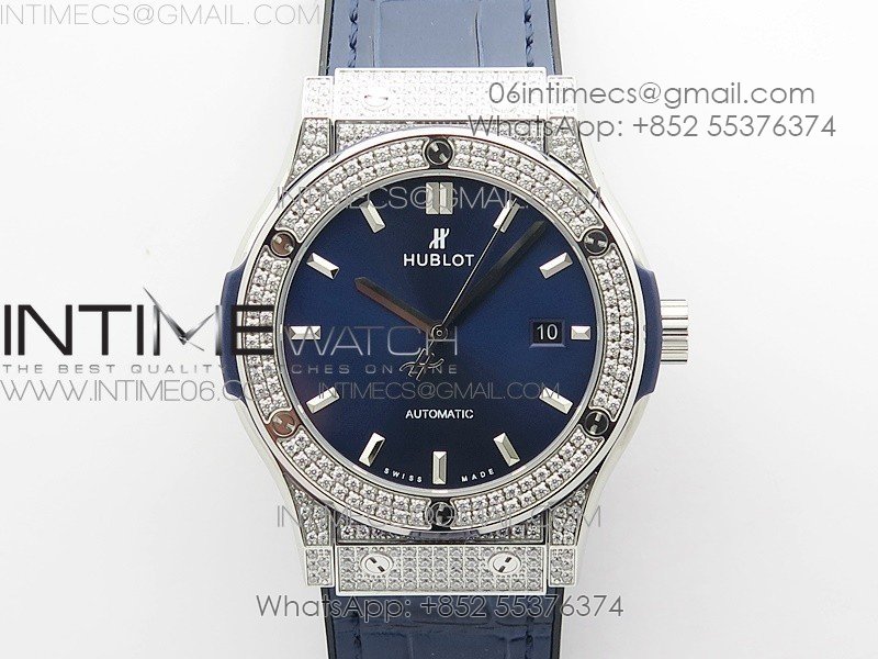 Classic Fusion 42mm SS Paved Diamonds Case/Bezel B50F Blue Dial On Blue Gummy Strap A2892