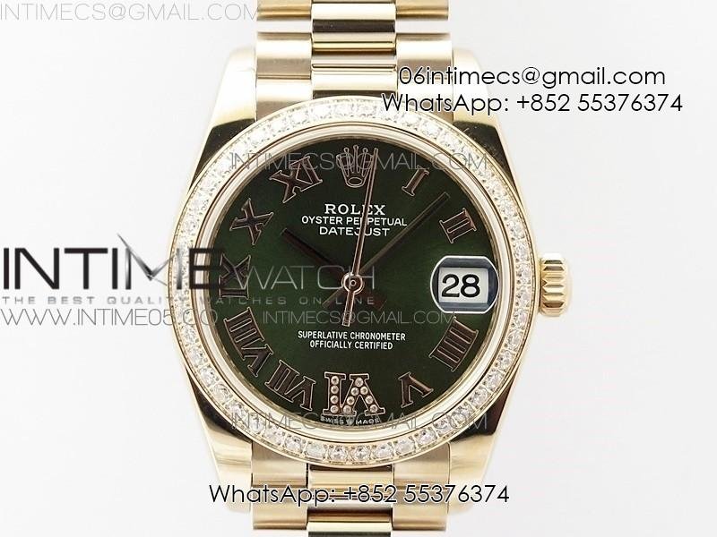 Datejust 31mm 278275 RG Dia Bezel BP Best Edition Green Roman Markers Dial @6 Dia on RG President Bracelet