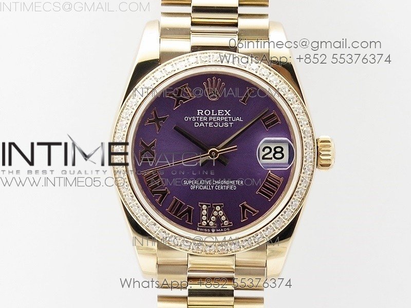 Datejust 31mm 278275 RG Dia Bezel BP Best Edition Purple Roman Markers Dial @6 Dia on RG President Bracelet