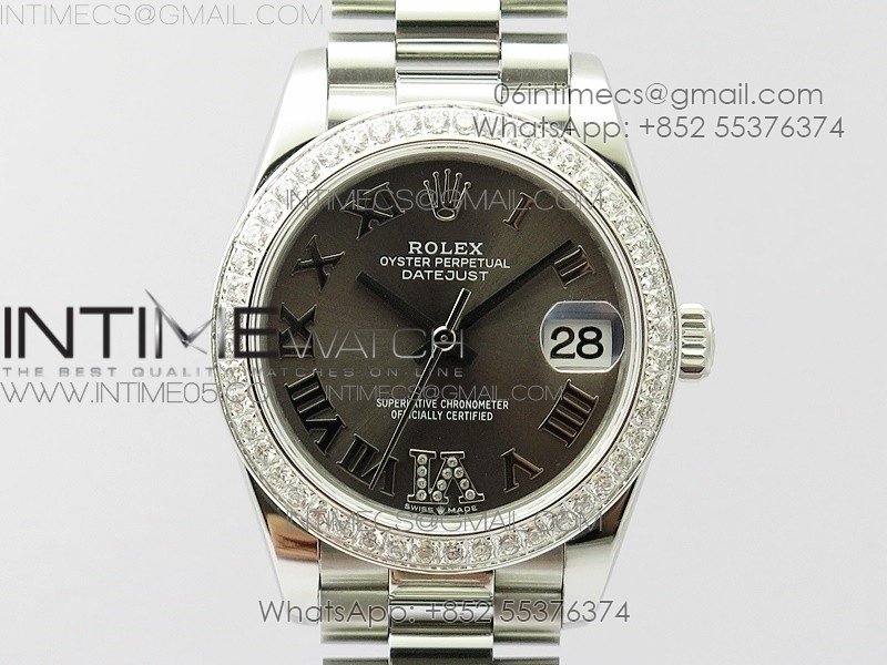 Datejust 31mm 278275 SS Crystals bezel BP Best Edition Gray Roman Markers Dial(@6 Crystal marker) on SS President Bracelet