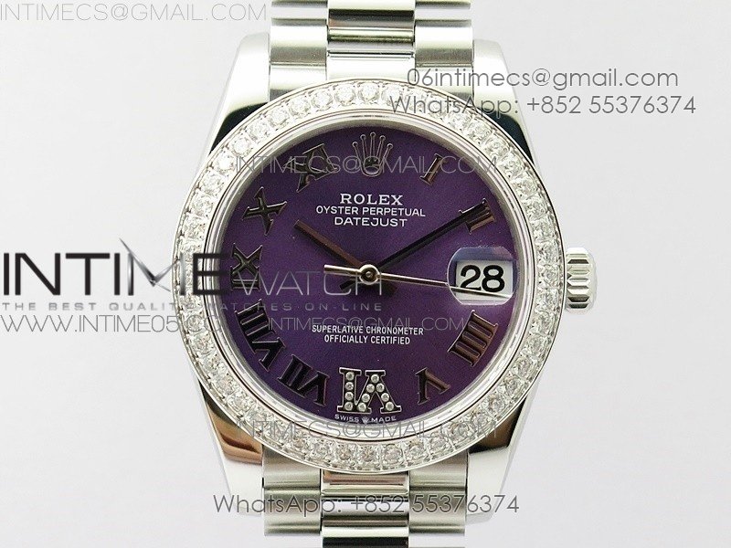 Datejust 31mm 278275 SS Crystals bezel BP Best Edition Purple Roman Markers Dial(@6 Crystal Marker) on SS President Bracelet