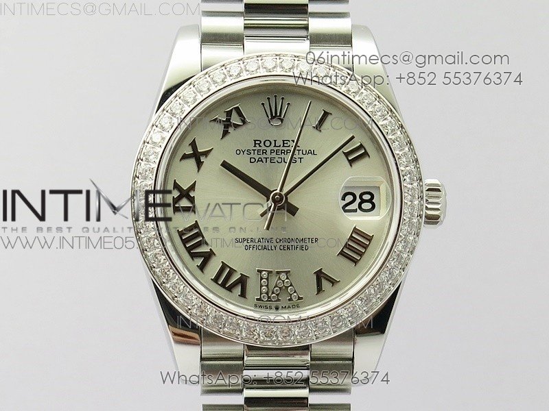 Datejust 31mm 278275 SS Crystals bezel BP Best Edition Silver Roman Markers Dial(@6 Crystal Marker) on SS President Bracelet