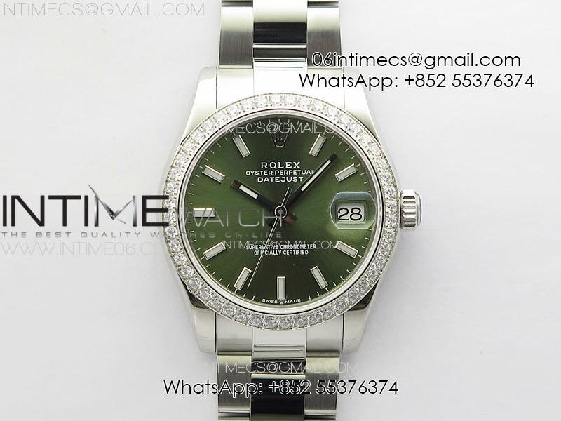 DateJust 31mm 72610 SS Crystals Bezel APSF Best Edition Green Dial Sticks Markers on Oyster Bracelet A2824