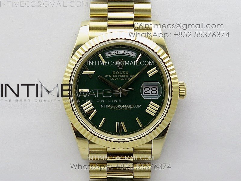 Day Date 228238 40mm 904L YG QF Gain Weight Green Dial Roman Markers on YG President Bracelet A2836