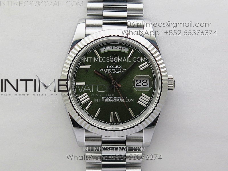 Day Date 228239 40mm 904L SS Bezel QF Gain Weight Green Dial Roman Markers on SS President Bracelet A2836