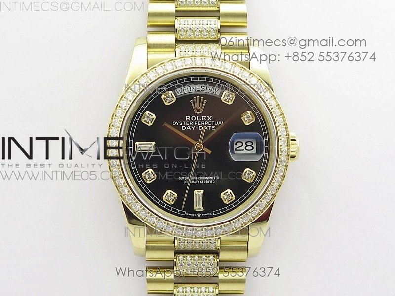 Day-Date 36 128235 YG/Crystal BP Best Edition Black Crystal Marker Dial on YG President Bracelet A2836