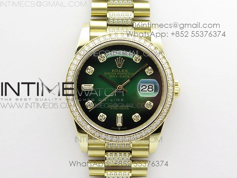 Day-Date 36 128235 YG/Crystal BP Best Edition Green Crystal Marker Dial on YG President Bracelet A2836