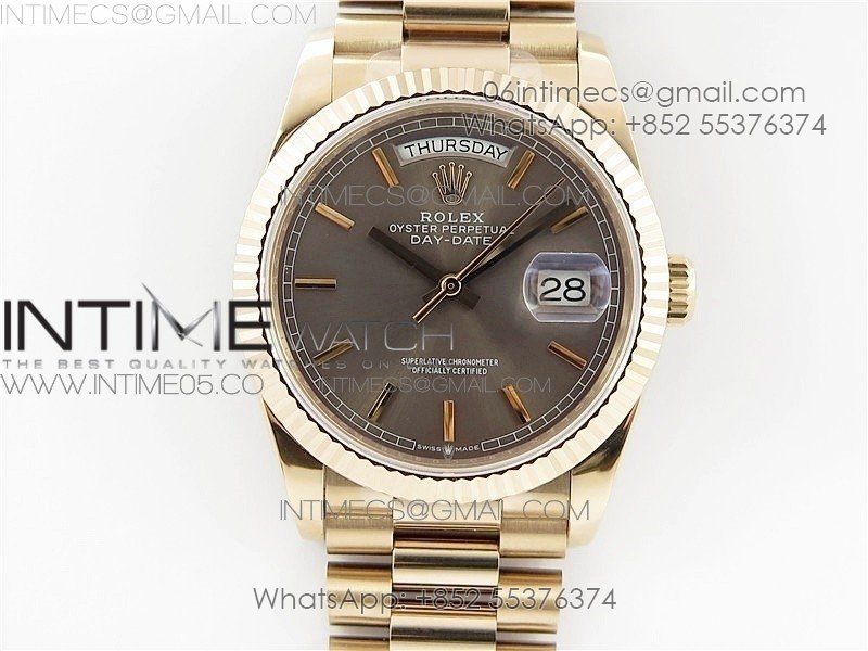 Day-Date 36 128239 RG BP Best Edition Gray Sticks Markers Dial on RG President Bracelet