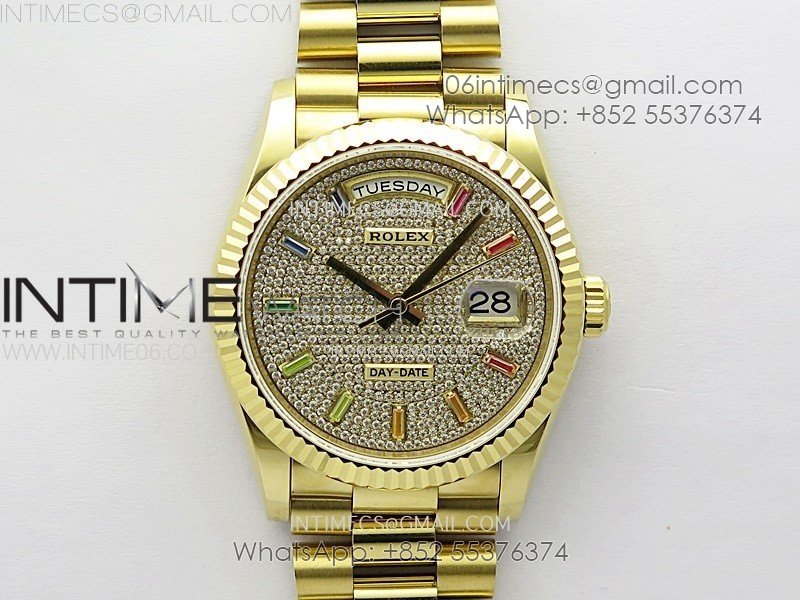 Day Date 36mm Gain Weight YG/tungsten APSF 1:1 Best Edition Diamond Dial Rainbow Markers on SS President Bracelet A3255