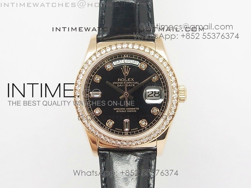 DayDate RG 36mm Black Dial Diamond Bezel On Leather Strap