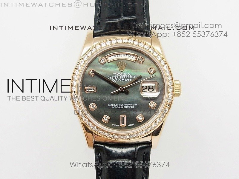 DayDate RG 36mm Black MOP Dial Diamond Bezel On Leather Strap