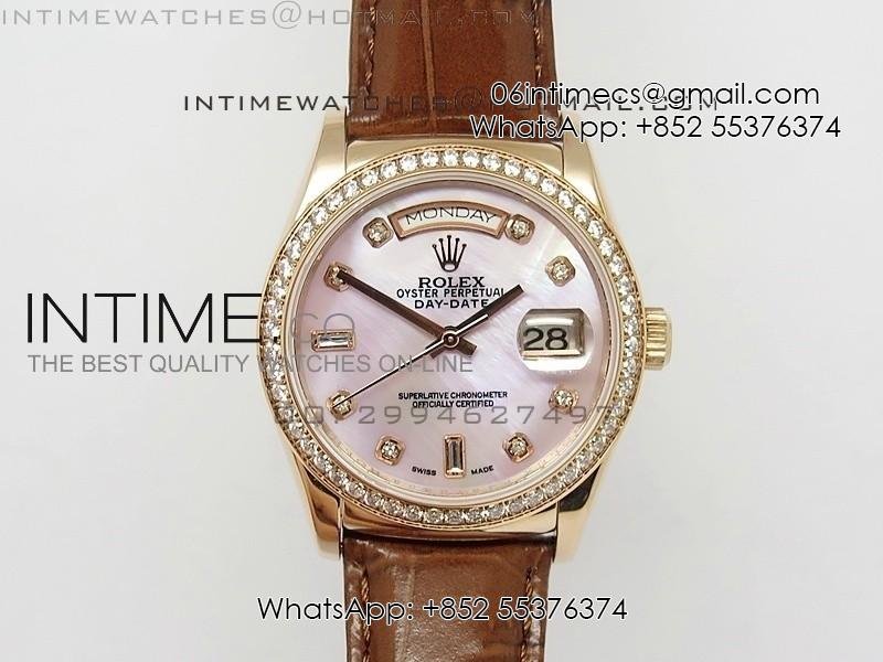 DayDate RG 36mm Pink MOP Dial Diamond Bezel On Leather Strap