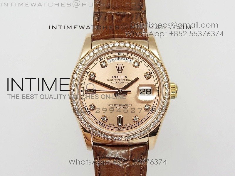 DayDate RG 36mm Rose Gold Dial Diamond Bezel On Leather Strap