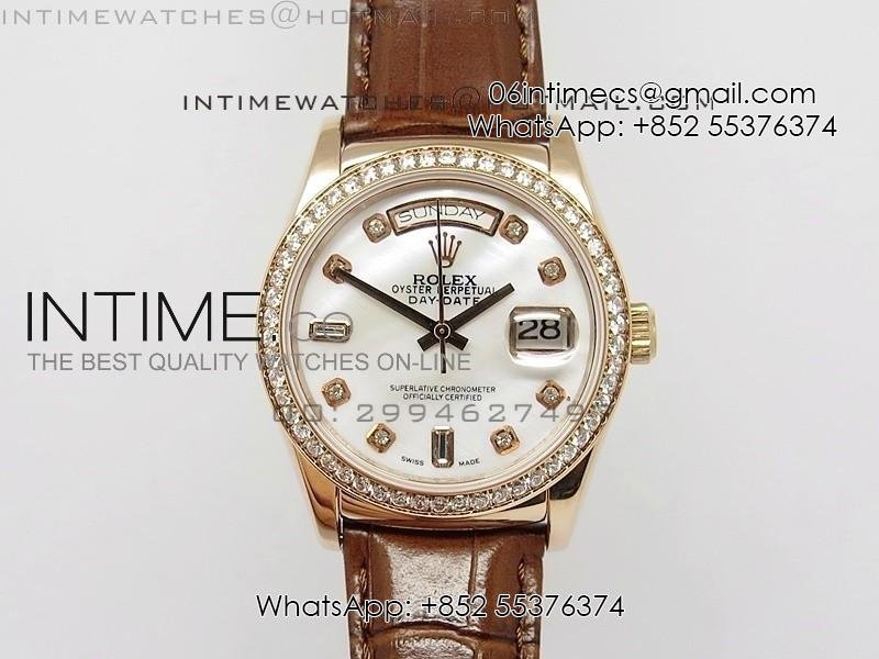DayDate RG 36mm White MOP Dial Diamond Bezel On Leather Strap