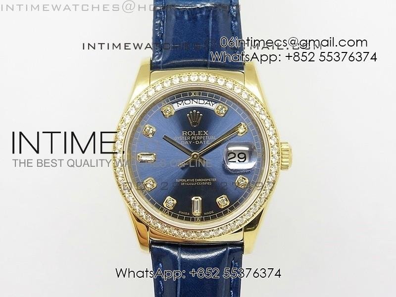 DayDate YG 36mm Blue Dial Diamond Bezel On Leather Strap