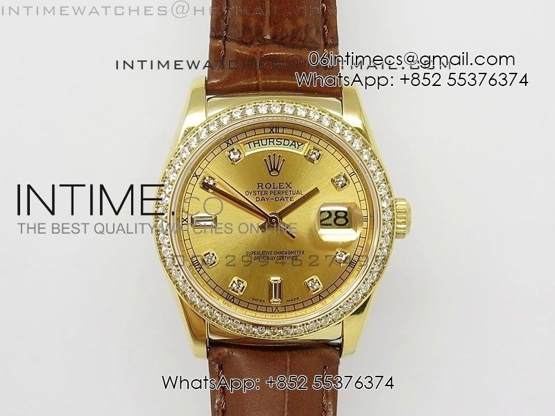 daydate-yg-36mm-gold-dial-diamond-bezel-on-leather-strap.jpg DayDate YG 36mm Gold Dial Diamond Bezel On Leather Strap - Image 1
