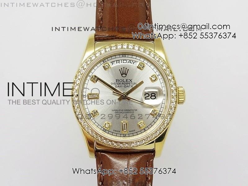 DayDate YG 36mm Silver Dial Diamond Bezel On Leather Strap