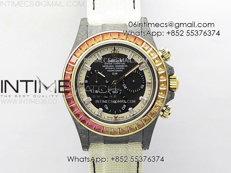 daytona-diw-black-carbon-case-diwf-edition-gray-white-dial-rainbow-t-diamonds-bezel-on-white-nylon-strap-a4130.jpg Daytona DIW Black Carbon Case DIWF Edition Gray/White Dial Rainbow T Diamonds Bezel on White Nylon Strap A4130 - Image 1