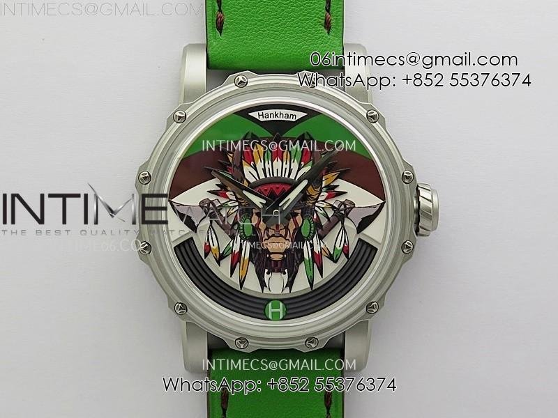 hankham-indians-ss-on-green-leather-strap-miyota-8215.jpg Hankham Indians SS on Green Leather Strap MIYOTA 8215 - Image 1