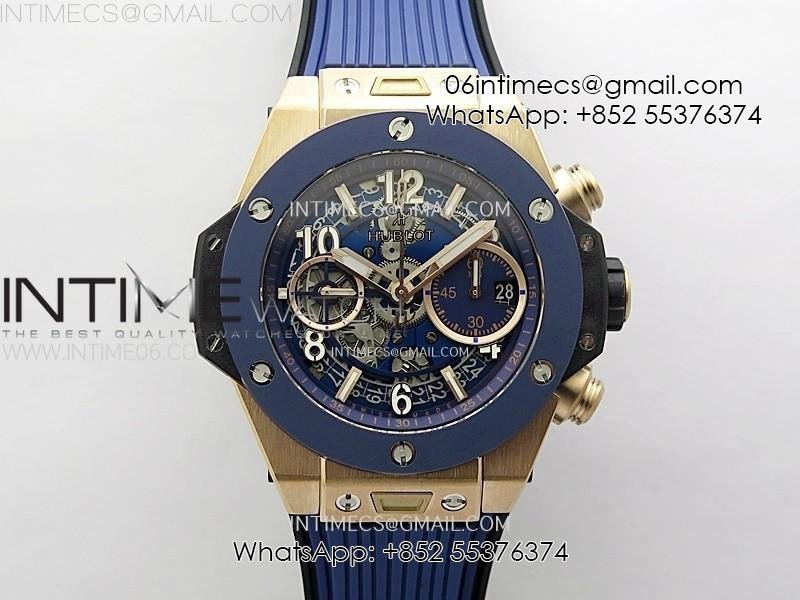 Hublot Big Bang Unico 42mm RG/Ceramic Bezel BBF 1:1 Best Edition Blue Skeleton Dial on Blue Rubber Strap A1280