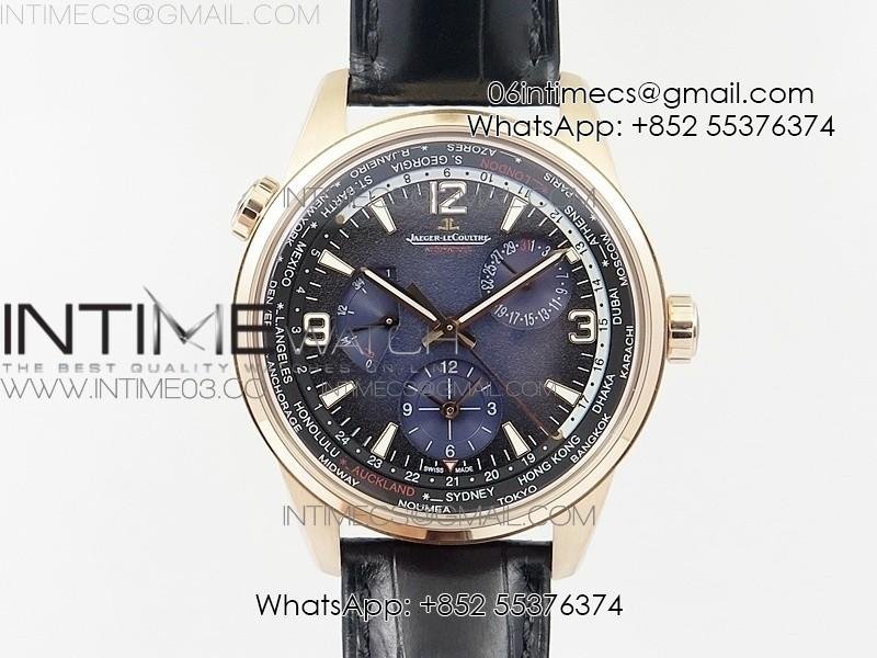 jlc02.jpg Polaris Geographic TWA RG Blue Textured Dial on Black Leather Strap A936 - Image 1