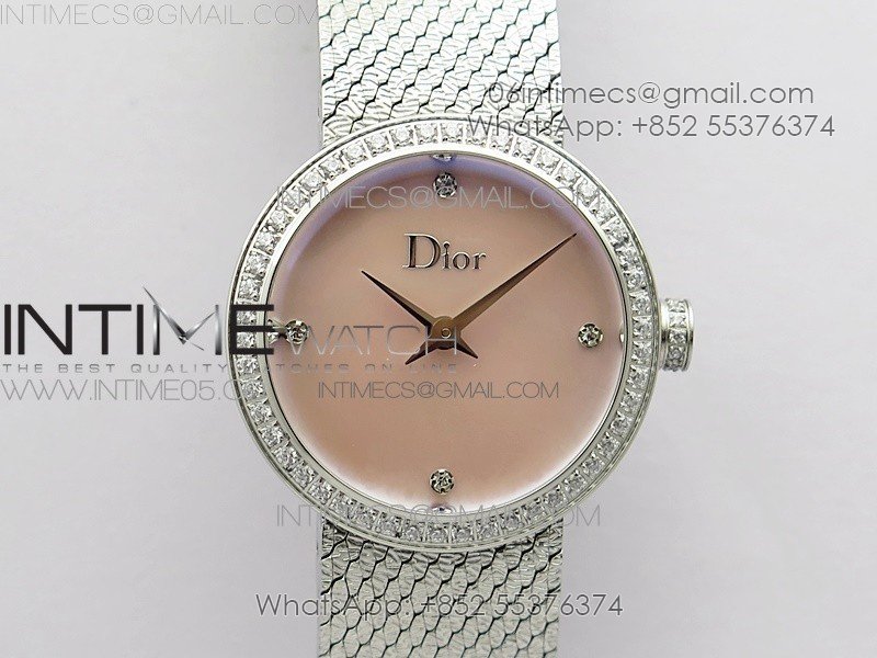 La d de dior satine SS Crystal Bezel 8848F 1:1 Best Edition  Pink MOP Dial on SS bracelet Swiss Quartz