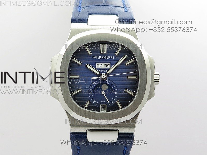 Nautilus 5726 Complicated SS GRF 1:1 Best Edition Blue Textured Dial on Blue Leather Strap A324 V3