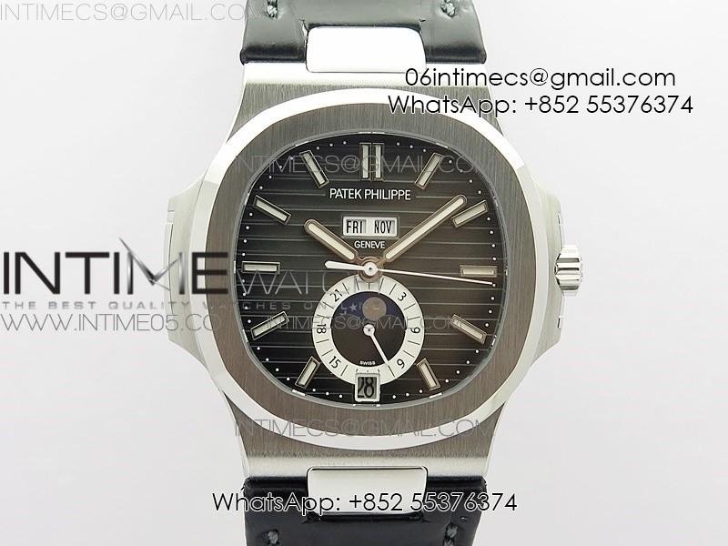NAUTILUS 5726 SS GRF 1:1 BEST EDITION GRAY DIAL WORKING ANNUAL CALENDARON BLACK LEATHER STARP A.324 V2