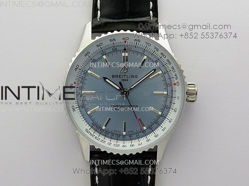 Navitimer 1 Automatic 41mm SS BLSF 1:1 Best Edition Ice Blue Dial on Black Leather Strap A2824