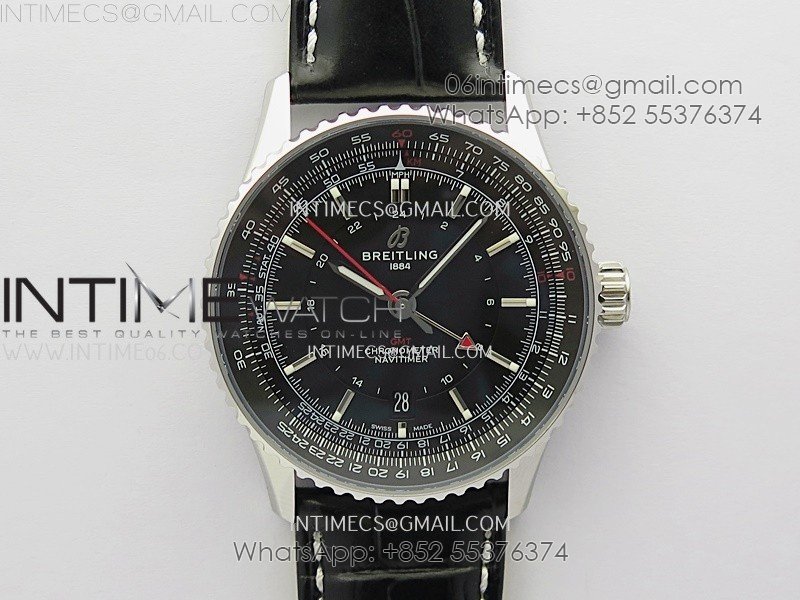Navitimer 41mm GMT SS BLSF 1:1 Best Edition Black Dial on Black Leather Strap A2836
