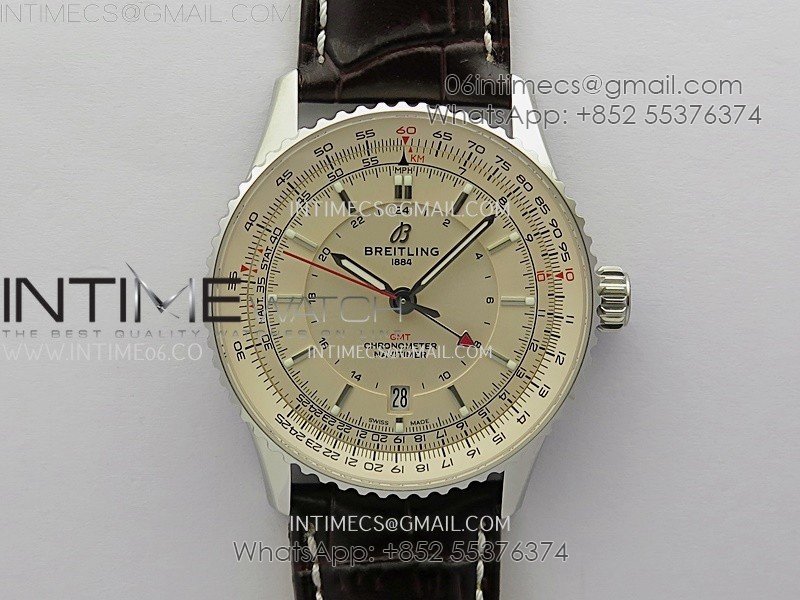 Navitimer 41mm GMT SS BLSF 1:1 Best Edition Champagne Gold Dial on Brown Leather Strap A2836
