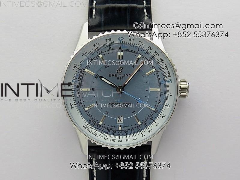 Navitimer 41mm GMT SS BLSF 1:1 Best Edition Ice Blue Dial on Blue Leather Strap A2836