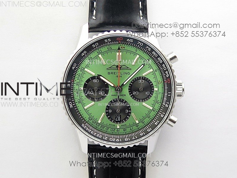 Navitimer B01 43mm SS B50 Best Edition Green Dial Black Subdial On Black Leather Strap A7750