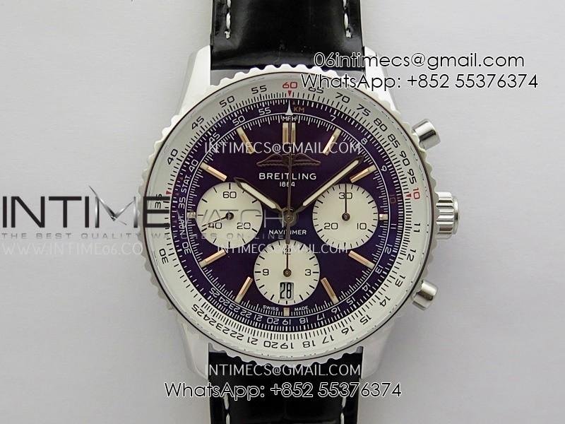 Navitimer B01 43mm SS B50 Best Edition Purple Dial White Subdial On Black Leather Strap A7750